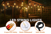 Outdoor gazebo with LED string lights and product features displayed.